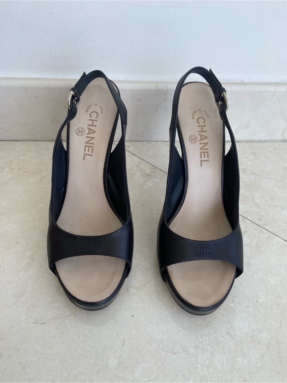 CHANEL Black Leather Open-Toe Slingback Heels 39.5 in Box with Dust bag